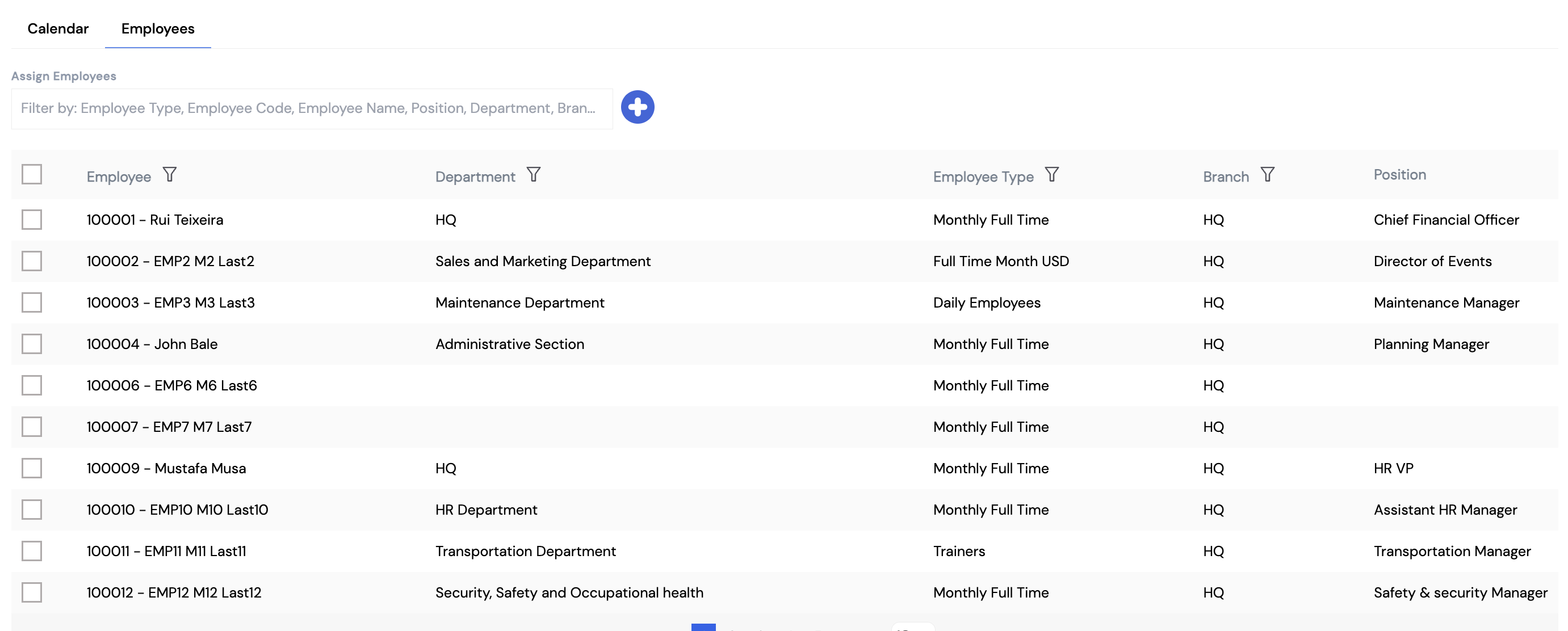 Employees tab showing Assign Employees section with filter bar and a list of employees with Employee, Department, Employee Type, Branch and Position columns